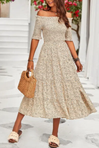 Fashnzfab Boho Print Off Shoulder Ruffle Hem Floral Dress