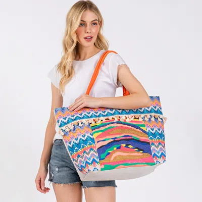 Fashnzfab Boho Print Pom Pom Fringe Tote Bag In Multi