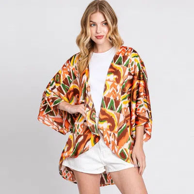Fashnzfab Boho Print Sleeve Cover Up Kimono Poncho In Brown