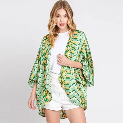 Fashnzfab Boho Print Sleeve Cover Up Kimono Poncho In Green