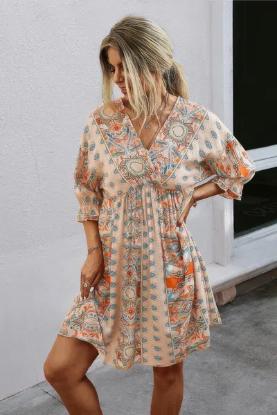 Fashnzfab Boho Print Wrap Neck Tie Back Pleated Hem Dress In Sand