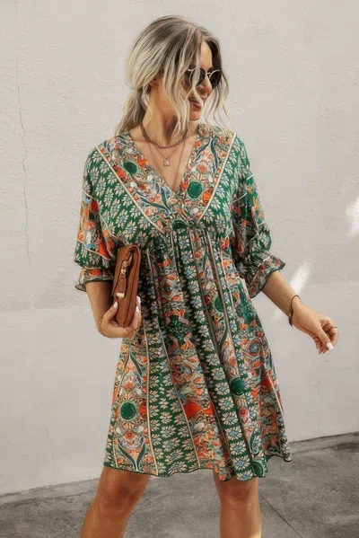 Fashnzfab Boho Print Wrap Neck Tie Back Pleated Hem Dress In Green
