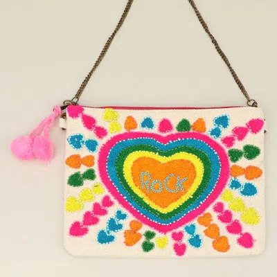 Fashnzfab Boho Rainbow Heart Pom Pom Clutch Bag / Crossbody Bag In Multi