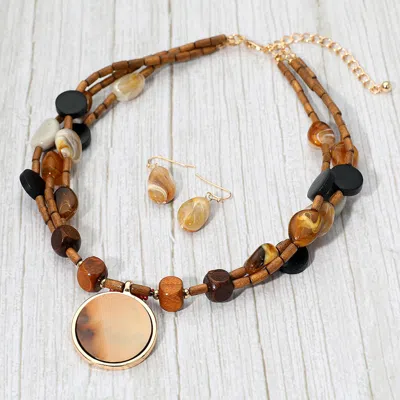 Fashnzfab Boho Round Resin Pendant Accent Wood Beaded Layered Statement Necklace - Brown, Gold, Multi