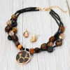 Fashnzfab Boho Round Resin Pendant Accent Wood Beaded Layered Statement Necklace - Gold, Leopard In Multi