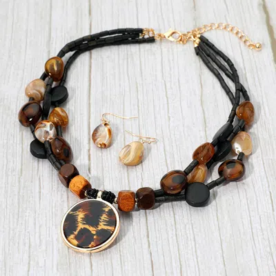 Fashnzfab Boho Round Resin Pendant Accent Wood Beaded Layered Statement Necklace - Gold, Leopard In Multi