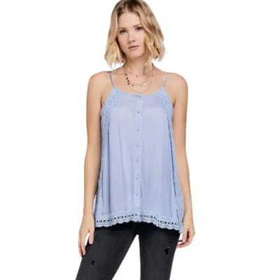 Fashnzfab Boho Scallop Lace Trim Detailed Button Down Solid Subtle Textured Slit Side Overlay Layered Cami Top In Blue