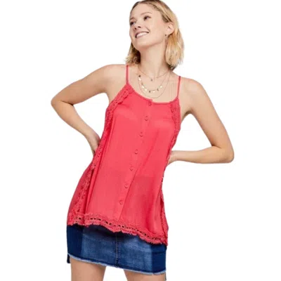 Fashnzfab Boho Scallop Lace Trim Detailed Button Down Solid Subtle Textured Slit Side Overlay Layered Cami Top In Pink