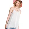 Fashnzfab Boho Scallop Lace Trim Detailed Button Down Solid Subtle Textured Slit Side Overlay Layered Cami Top In White