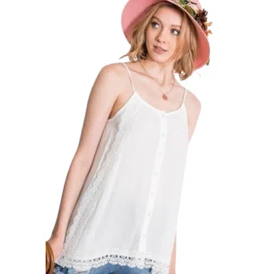 Fashnzfab Boho Scallop Lace Trim Detailed Button Down Solid Subtle Textured Slit Side Overlay Layered Cami Top In White