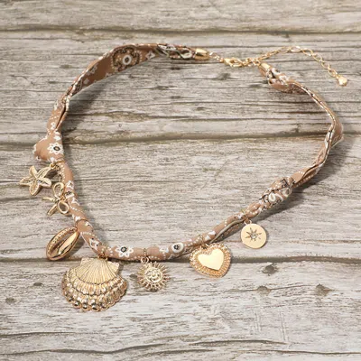 Fashnzfab Boho Sea Shell Heart Sun Bow Starfish Charm Fabric Necklace In Gold