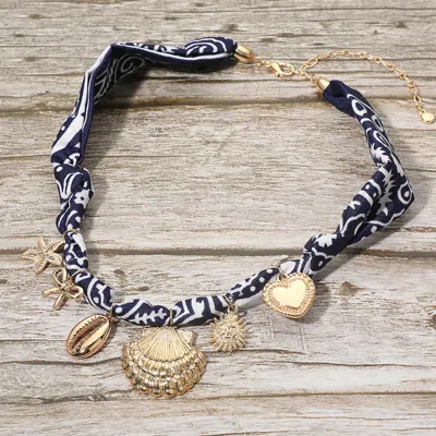 Fashnzfab Boho Sea Shell Heart Sun Bow Starfish Charm Fabric Necklace In Gold
