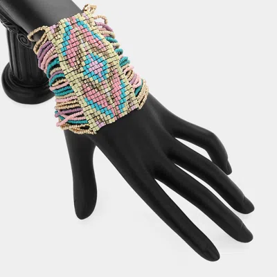 Fashnzfab Boho Seed Beaded Cuff Stretch Bracelet Multi, Pink