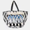 Fashnzfab Boho Seed Beaded Zigzag Chevron Detailed Pom Pom Tassel Shoulder Bag In Blue