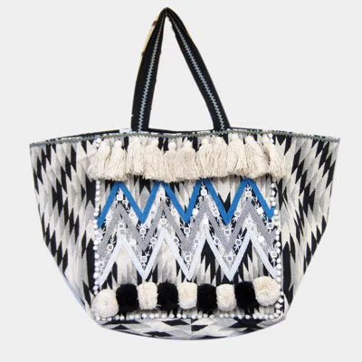 Fashnzfab Boho Seed Beaded Zigzag Chevron Detailed Pom Pom Tassel Shoulder Bag In Blue