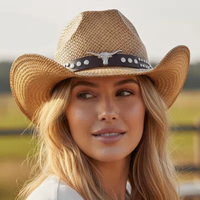 Fashnzfab Boho Steer Head Accent Studded Faux Leather Band Woven Straw Western Cowboy Hat In Sand