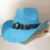 Fashnzfab Boho Stone Beaded Band Western Straw Cowboy Fedora Hat In Blue