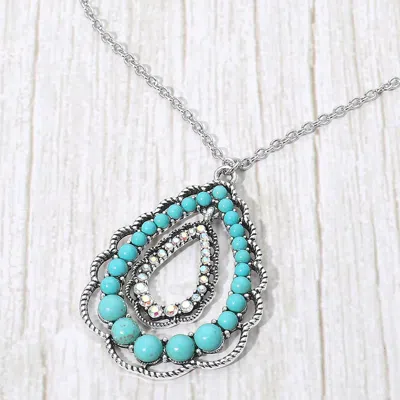 Fashnzfab Boho Stone Beaded Layered Teardrop Pendant Necklace - Rhodium, Turquoise In Multi