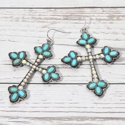 Fashnzfab Boho Stone Embellished Cross Dangle Statement Earrings - Ab, Silver Burnished, Turquoise In Blue