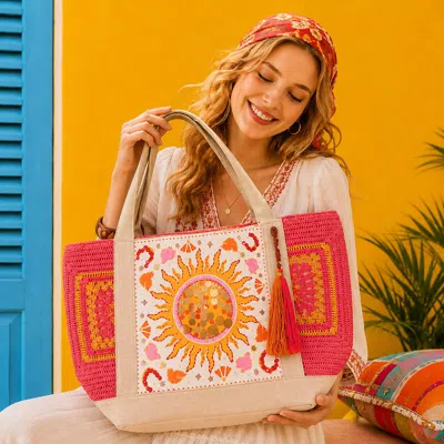 Fashnzfab Boho Sunburst Sequin Seed Beaded Tassel Accent Granny Square Size Large Shoulder Tote Bag In Pink