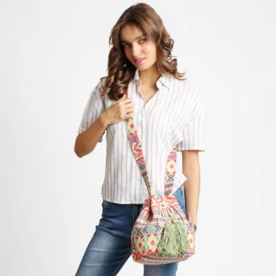 Fashnzfab Boho Tribal Pattern Woven Tassel Crossbody Bucket Bag In Red