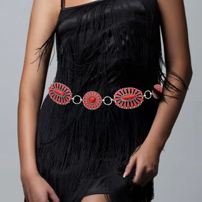 Fashnzfab Boho Vintage Western Oval Round Stone Pointed Concho Chain Belt In Red