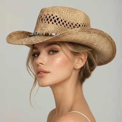 Fashnzfab Boho Western Band Accent Breathable Woven Cowboy Fedora Sun Hat 23" In Beige