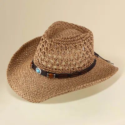 Fashnzfab Boho Western Band Accent Breathable Woven Cowboy Fedora Sun Hat In Brown
