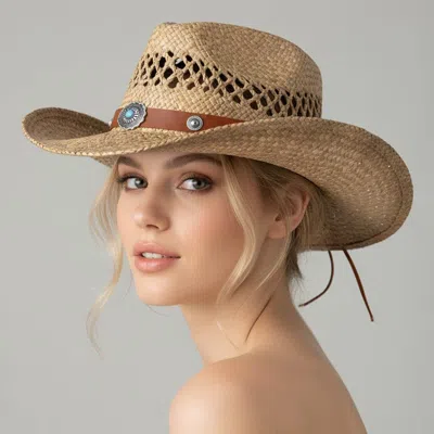 Fashnzfab Boho Western Band Accent Breathable Woven Cowboy Fedora Sun Hat In Gold