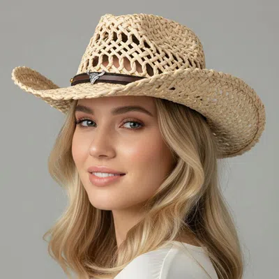 Fashnzfab Boho Western Band Accent Breathable Woven Cowboy Fedora Sun Hat In Gold