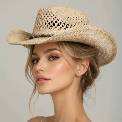 Fashnzfab Boho Western Band Accent Breathable Woven Cowboy Fedora Sun Hat In Sand