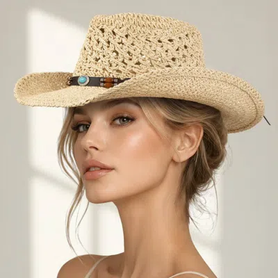 Fashnzfab Boho Western Band Accent Breathable Woven Cowboy Fedora Sun Hat In Sand