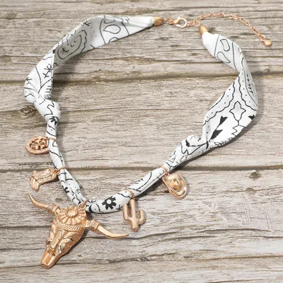 Fashnzfab Boho Western Bull Skull Cactus Cowboy Hat Boots Charm Fabric Necklace In Gold