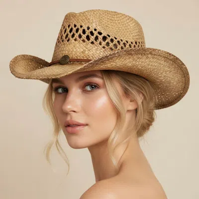 Fashnzfab Boho Western Charm Accent Band Breathable Woven Cowboy Fedora Sun Hat In Beige