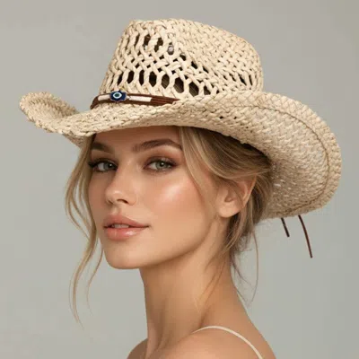 Fashnzfab Boho Western Hamsa Hand Accent Band Breathable Woven Cowboy Fedora Sun Hat In Beige