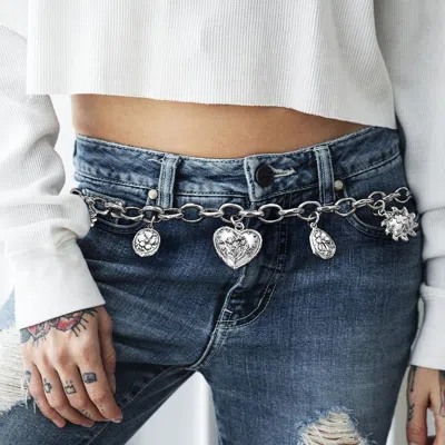 Fashnzfab Boho Western-inspired Floral Heart Charm Station Waist Chain Belt In Metallic