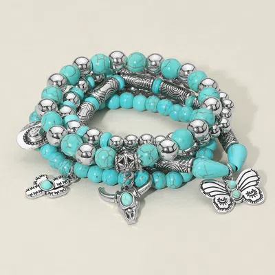 Fashnzfab Boho Western Steer Head Cowboy Hat Butterfly Totem Charm Beaded Stretch Multi Layered Bracelet Silve In Green