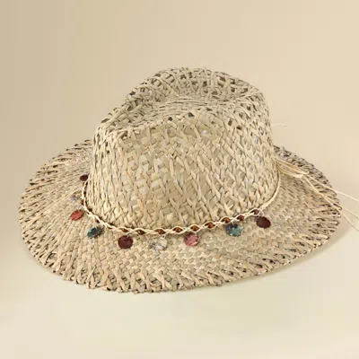 Fashnzfab Boho Western Stone Beaded Band Accent Breathable Woven Summer Fedora Sun Hat In Sand