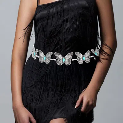 Fashnzfab Boho Western Turquoise Accent Butterfly Link Waist Chain Belt In Metallic