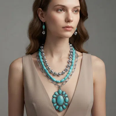 Fashnzfab Boho Western Turquoise Concho Pendant Accent Layered Beaded Statement Necklace In Multi