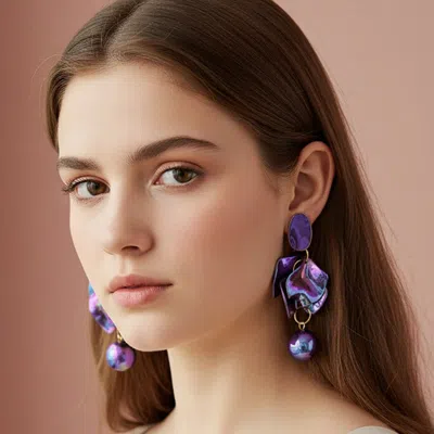 Fashnzfab Bold Abstract Iridescent Layered Petal Ball Drop Statement Earrings In Purple