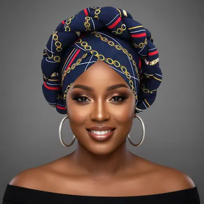 Fashnzfab Bold Abstract Pattern Printed Turban Hair Wrap In Blue