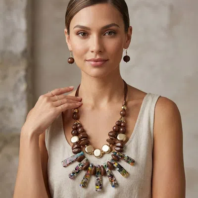 Fashnzfab Bold Abstract Resin Beaded Statement Necklace In Brown