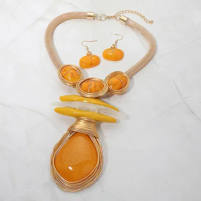 Fashnzfab Bold Abstract Resin Stone Pendant Accent Statement Necklace In Orange