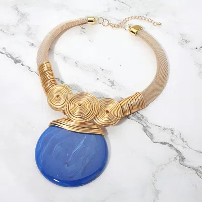 Fashnzfab Bold Abstract Spiral Wire Round Resin Pendant Statement Necklace In Blue