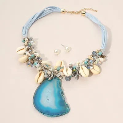 Fashnzfab Bold Agate Slice Pendant Coastal Shell Beaded Statement Necklace In Brown