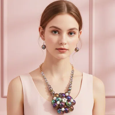Fashnzfab Bold Beaded Bubble Floral Statement Necklace In Multi