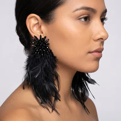 Fashnzfab Bold Beaded Starburst Feather Drop Statement Earrings In Black