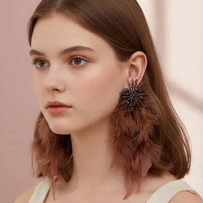 Fashnzfab Bold Beaded Starburst Feather Drop Statement Earrings In Brown