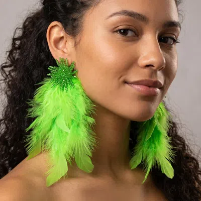 Fashnzfab Bold Beaded Starburst Feather Drop Statement Earrings In Green